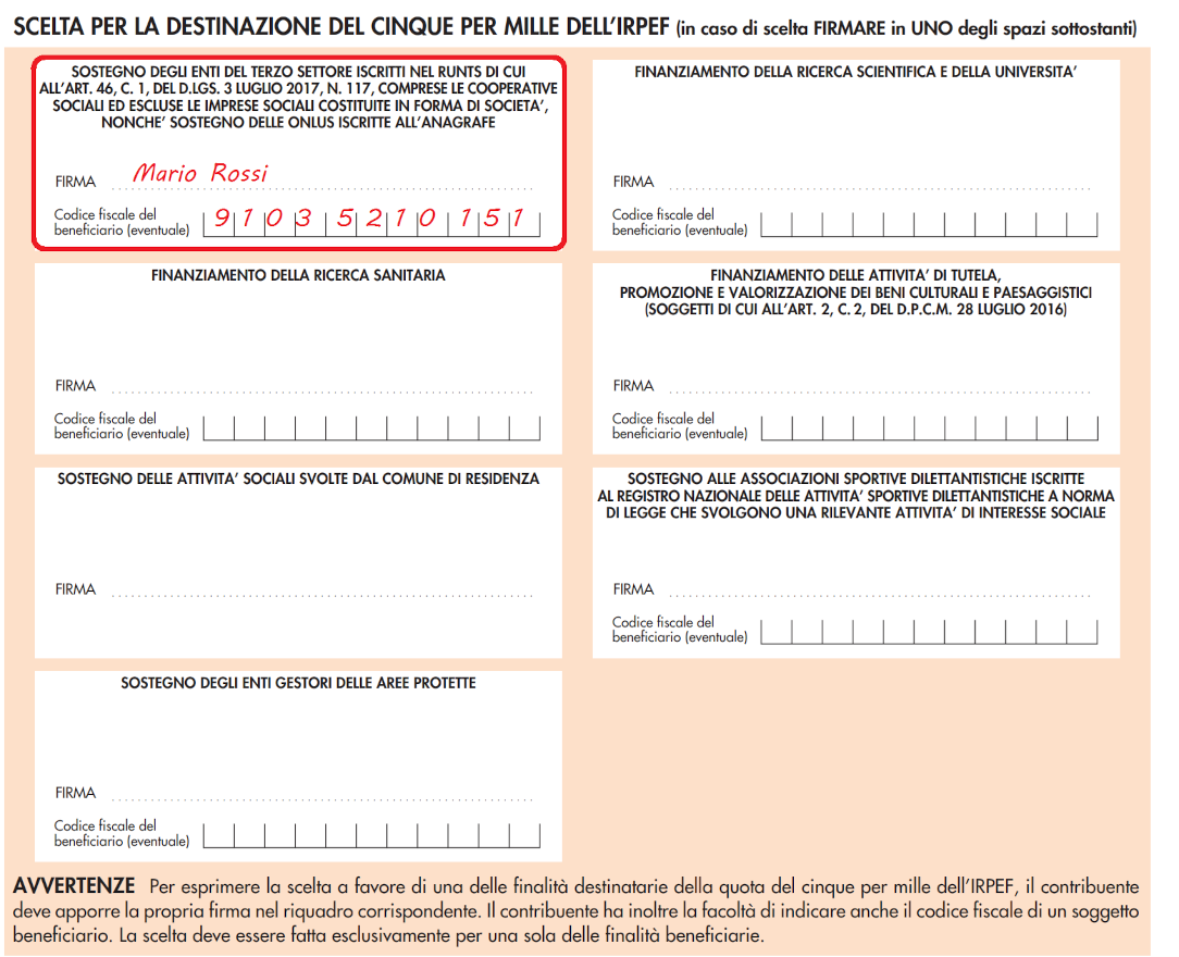 esempio di dichiarazione per il 5 per mille al Coro Citta di Desio